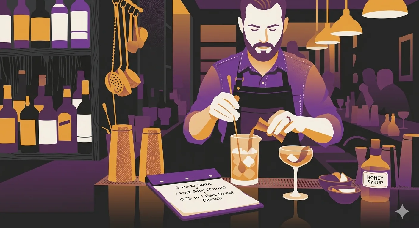 Five essential spirit bottles arranged on a bar counter