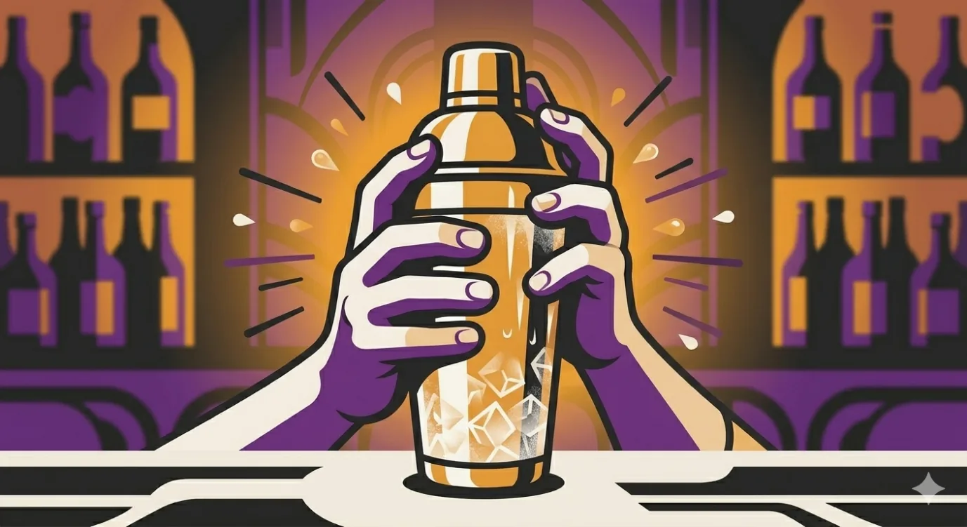Hands shaking a frosted cocktail tin