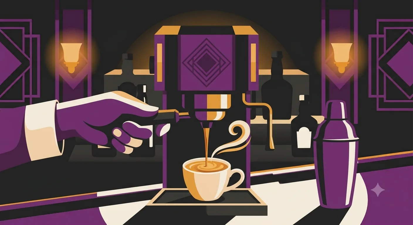 A bartender's hand pulling a fresh shot of espresso beside a cocktail shaker, evoking the drink's 1980s London origin.