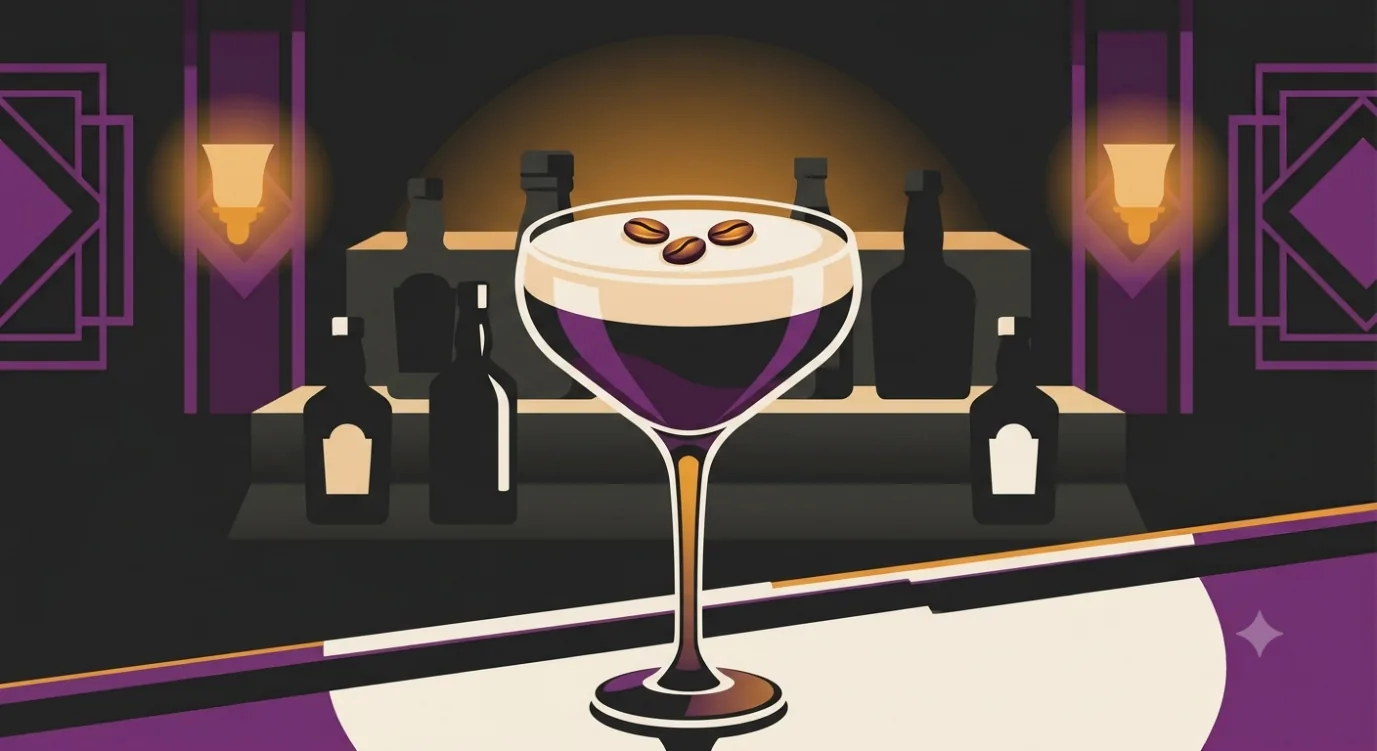 Flat vector speakeasy illustration of an Espresso Martini in a stemmed glass with a smooth cream foam cap and three coffee beans on top, in amber, plum, charcoal and cream.