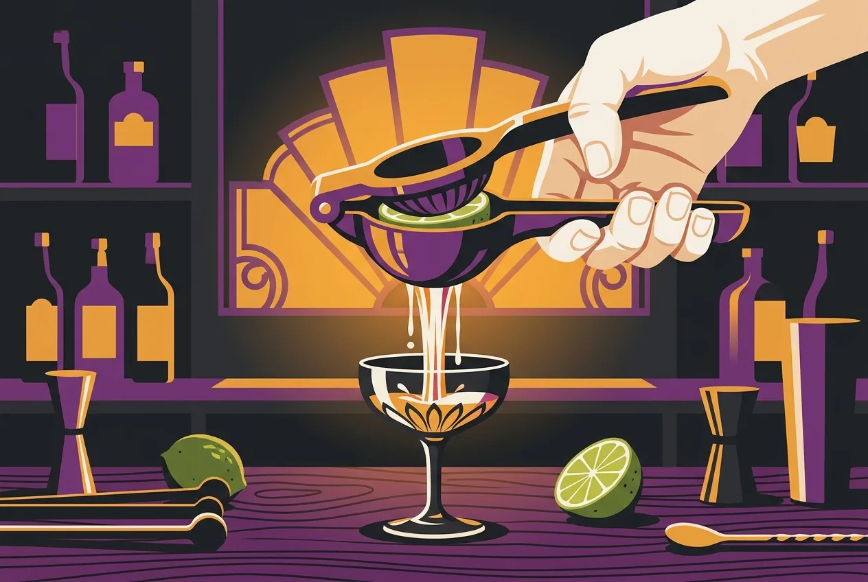 Flat vector illustration of a fresh lime being pressed in a handheld citrus press