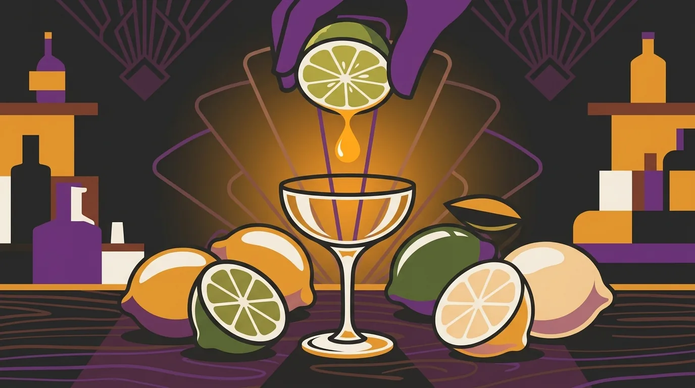 Flat vector speakeasy illustration of fresh limes and lemons being squeezed over a cocktail