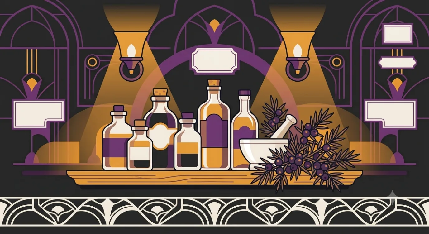 Flat vector illustration of a vintage apothecary shelf with old bottles, a mortar and pestle and juniper branches, evoking gin's botanical-medicine origins.