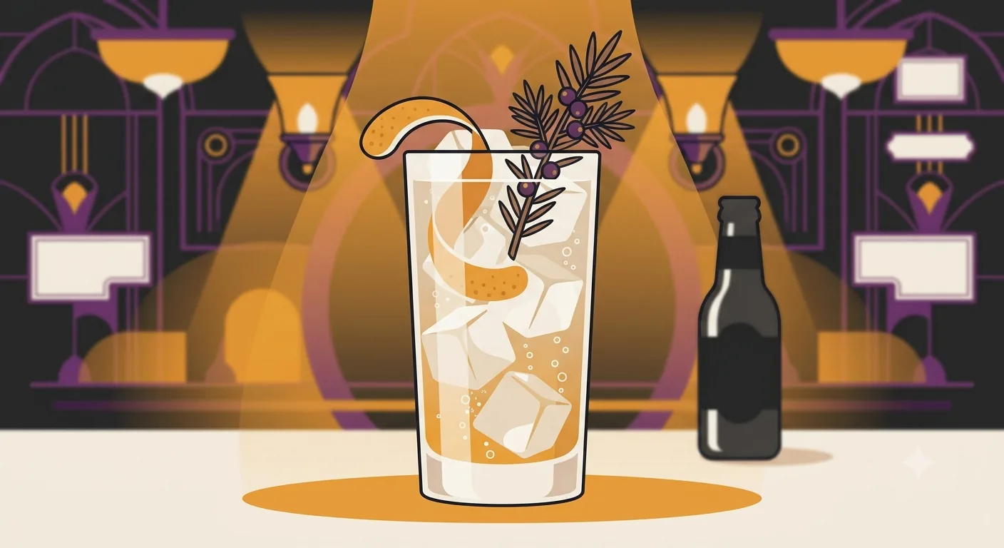 Flat vector illustration of a tall ice-filled highball gin and tonic with a grapefruit peel and juniper sprig, fine bubbles rising.