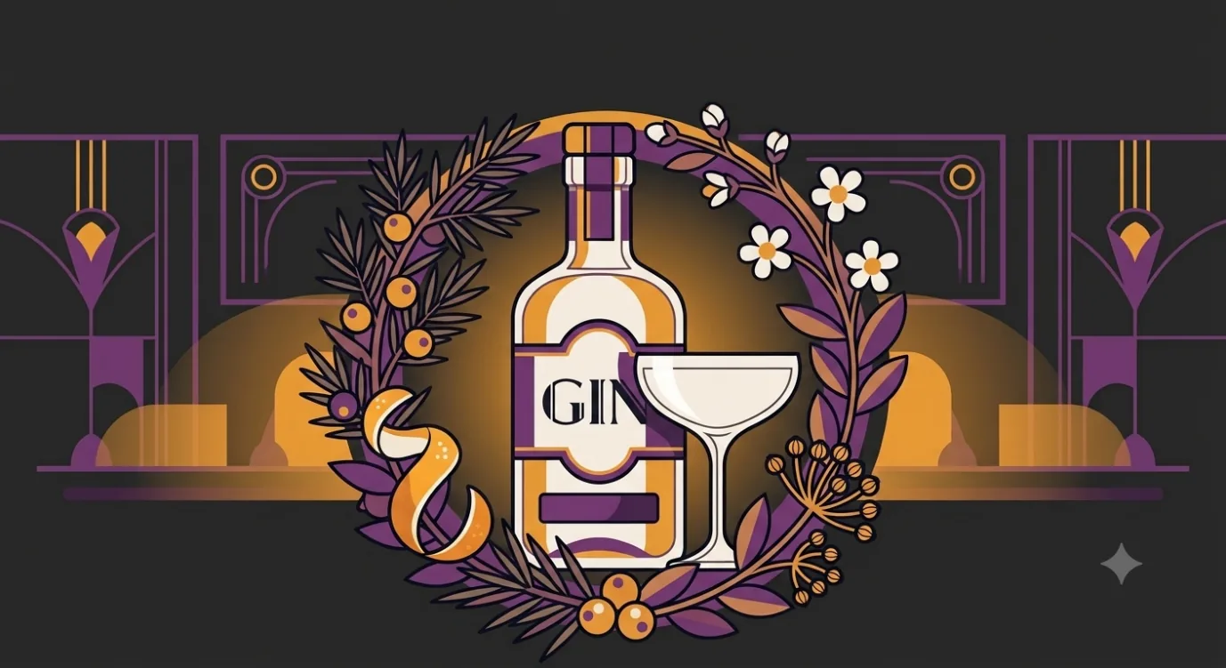Flat vector illustration of a gin bottle and coupe glass encircled by juniper, citrus peel and botanicals, in a warm 1920s speakeasy setting.