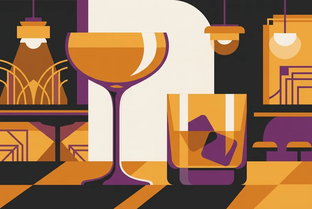 Flat vector illustration of a stemmed coupe and a heavy rocks glass side by side