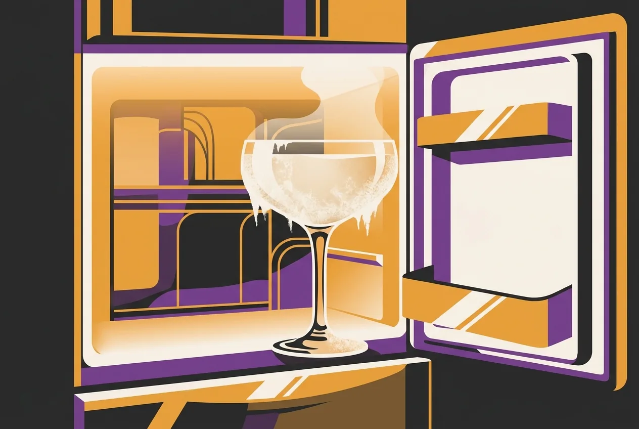 Flat vector illustration of a coupe glass being chilled in a freezer