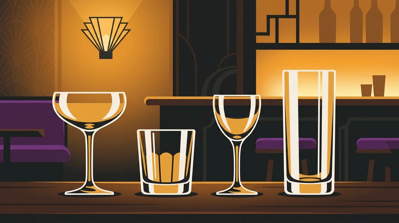 Flat vector speakeasy illustration of four cocktail glasses: coupe, rocks, Nick and Nora, and highball