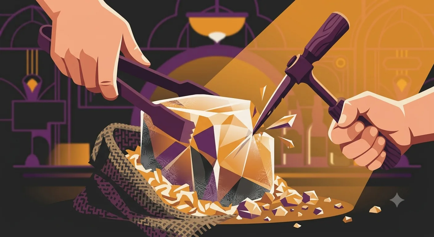 Flat vector illustration of hands chipping ice from a burlap-wrapped block of lake ice with iron tongs, evoking the 1800s ice trade.