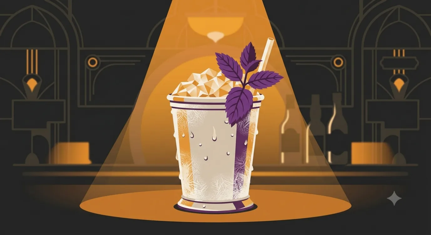 Flat vector illustration of a frosted metal Mint Julep cup piled high with crushed ice and a fresh mint sprig.