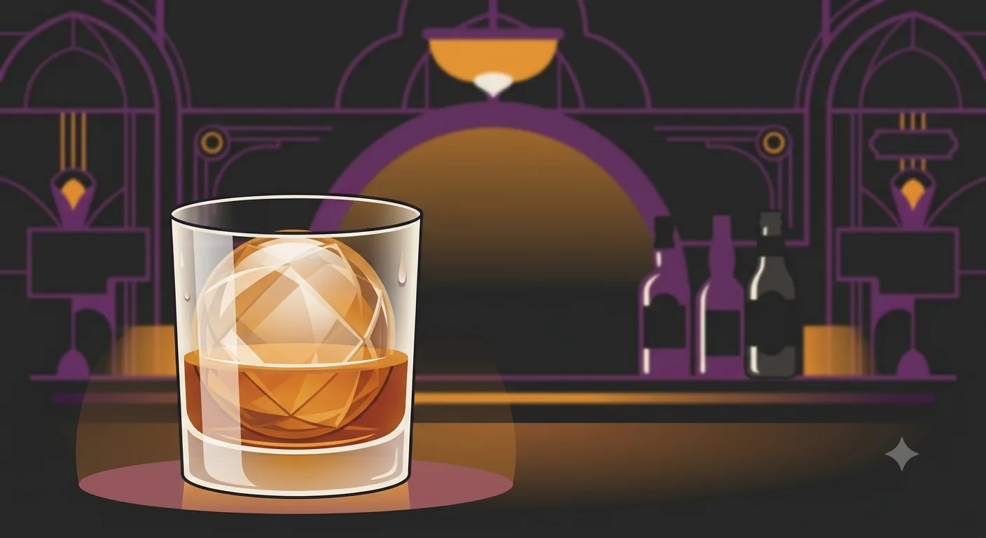 Flat vector speakeasy illustration of a single large clear ice sphere in a glass of amber spirit.
