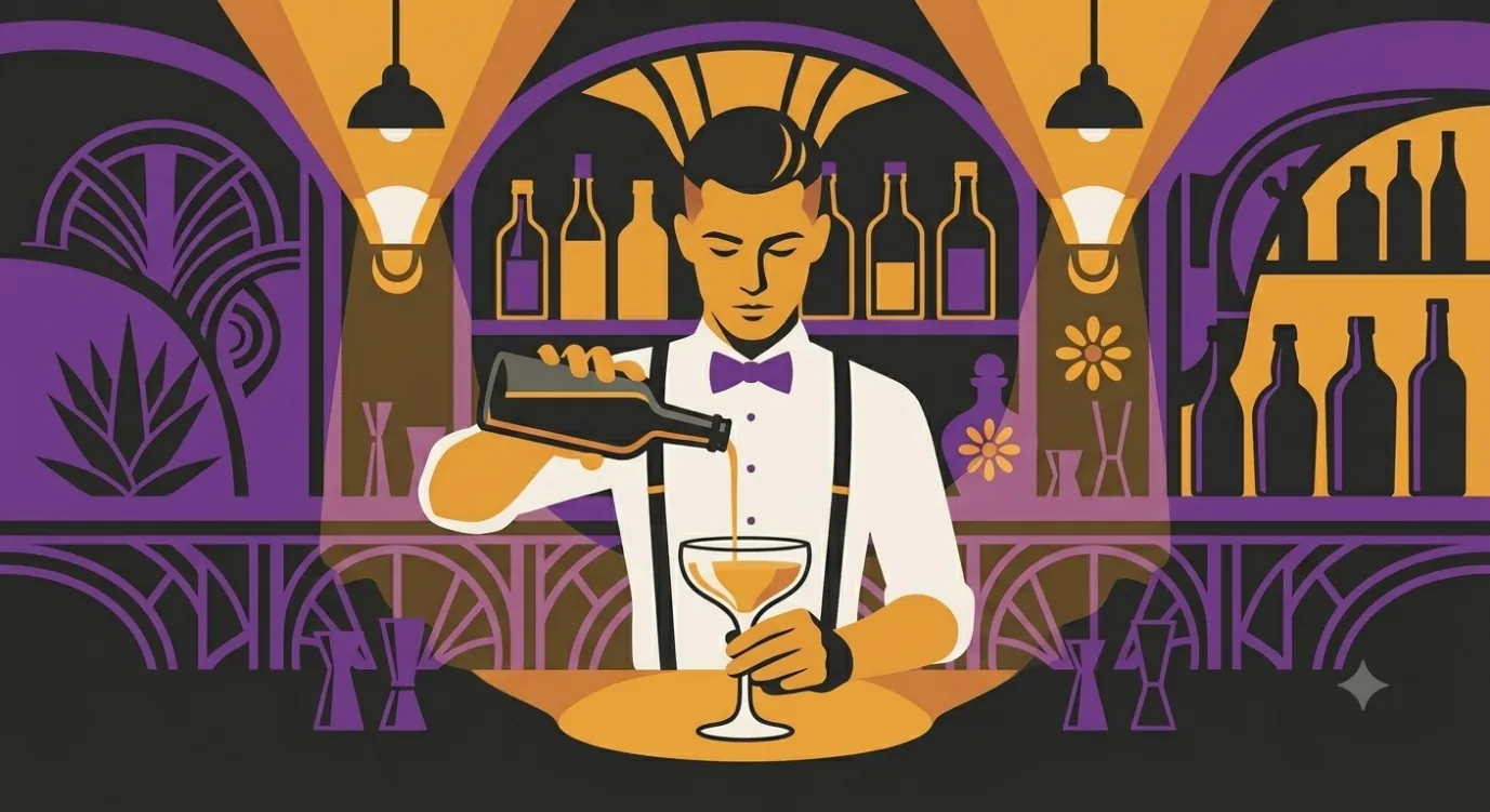 Flat vector illustration of a 1920s bartender pouring a cocktail at an art-deco back bar.