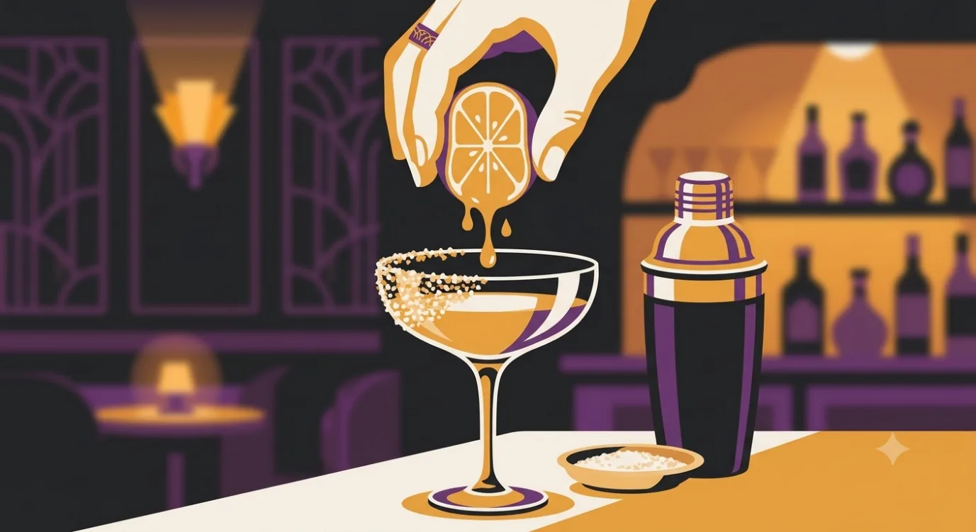 Flat vector illustration of a hand squeezing a fresh lime over a coupe glass with a salted half-rim, a cocktail shaker beside it.