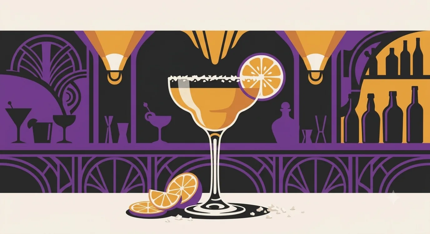 Flat vector illustration of a classic Margarita in a coupe with a salted half-rim and a lime wheel, in a warm 1920s speakeasy setting.