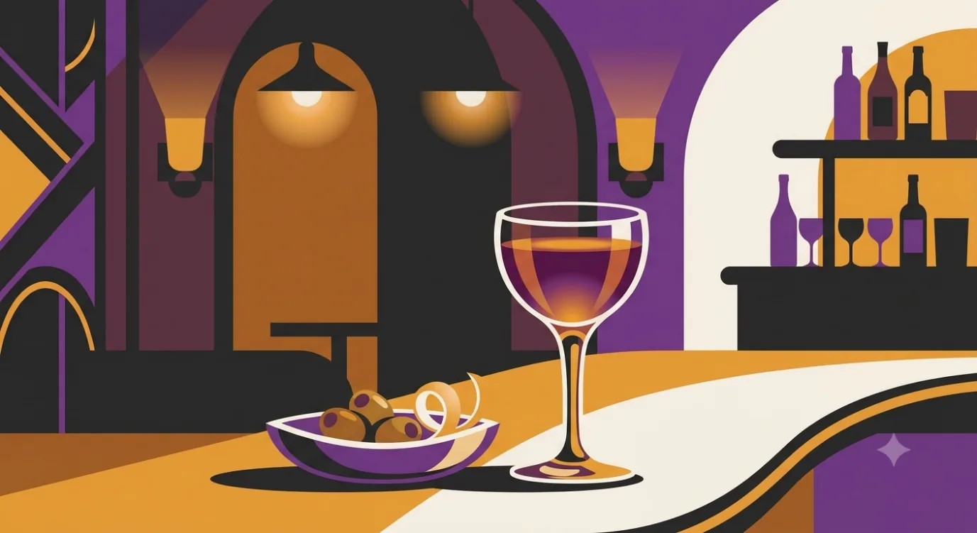 Flat vector illustration of the Italian aperitivo ritual: a small glass of bitter aperitivo beside a dish of olives on a bar counter.