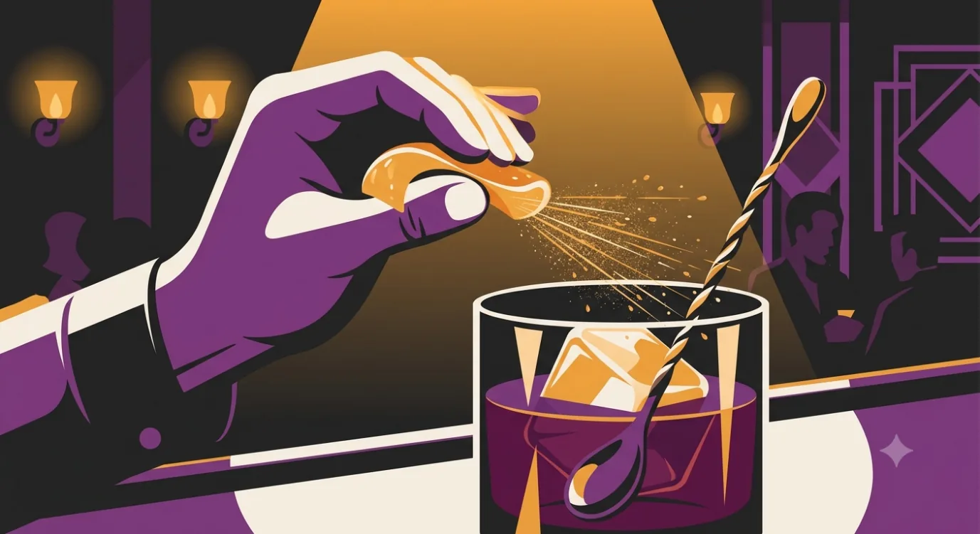 Flat vector illustration of a hand squeezing a strip of orange peel over a finished Negroni, spraying citrus oils across the surface.