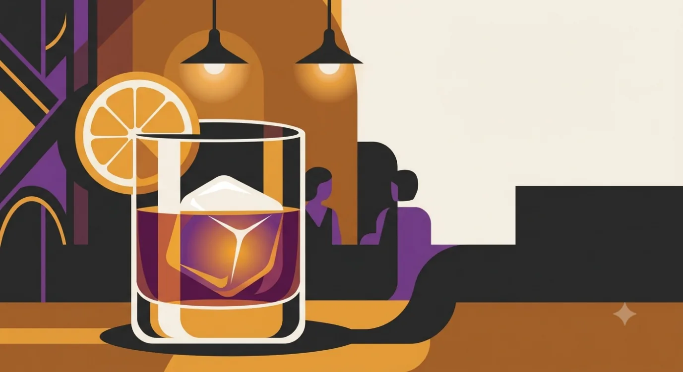 Flat vector speakeasy illustration of a Negroni in a lowball glass with a large clear ice cube and a coin of orange peel.