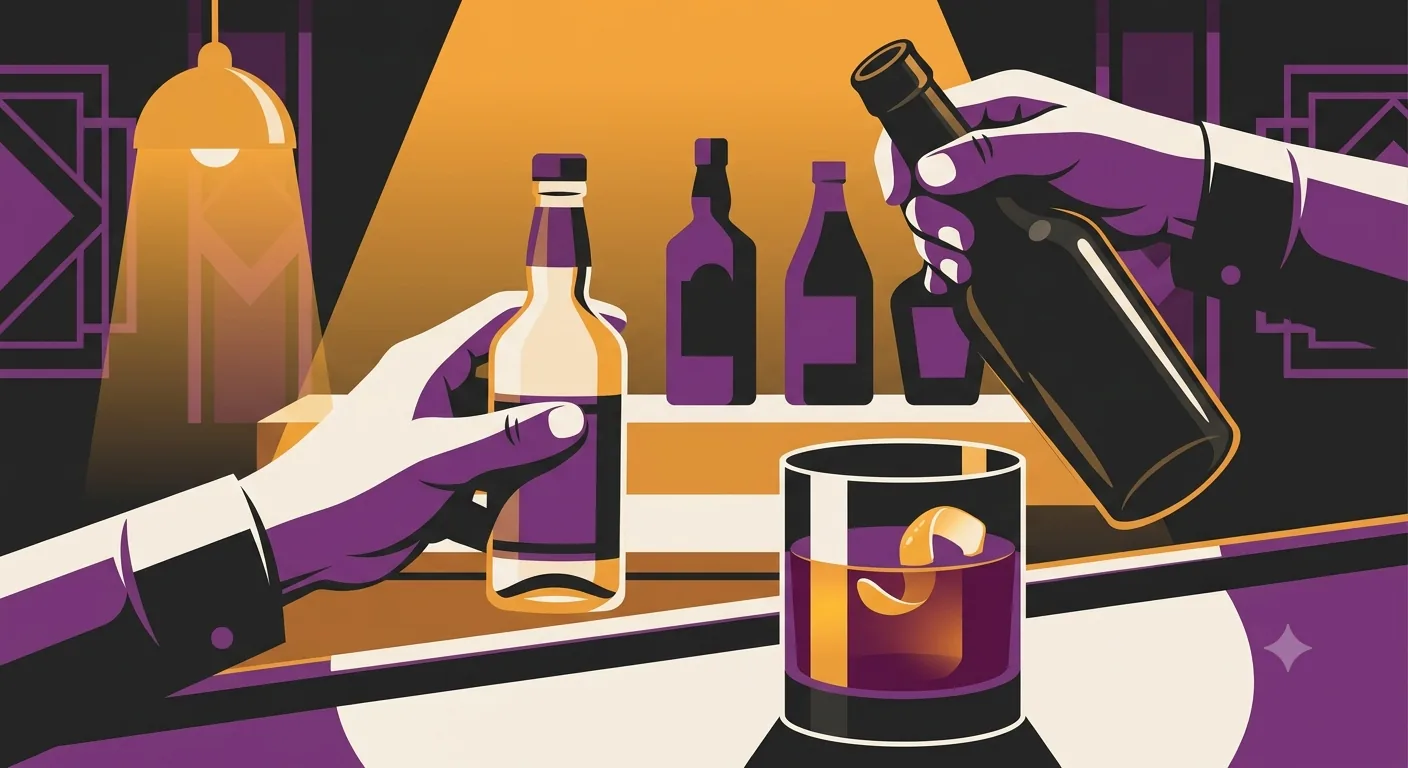 A bartender's hand swapping one bottle for another over a plum-coloured cocktail, evoking the Negroni's origin.