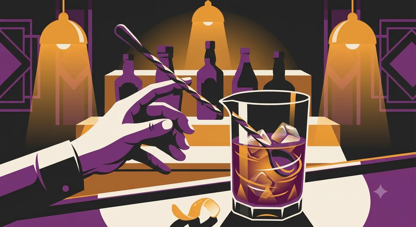 Close-up of a hand stirring a Negroni in a faceted deco mixing glass with a bar spoon and ice.