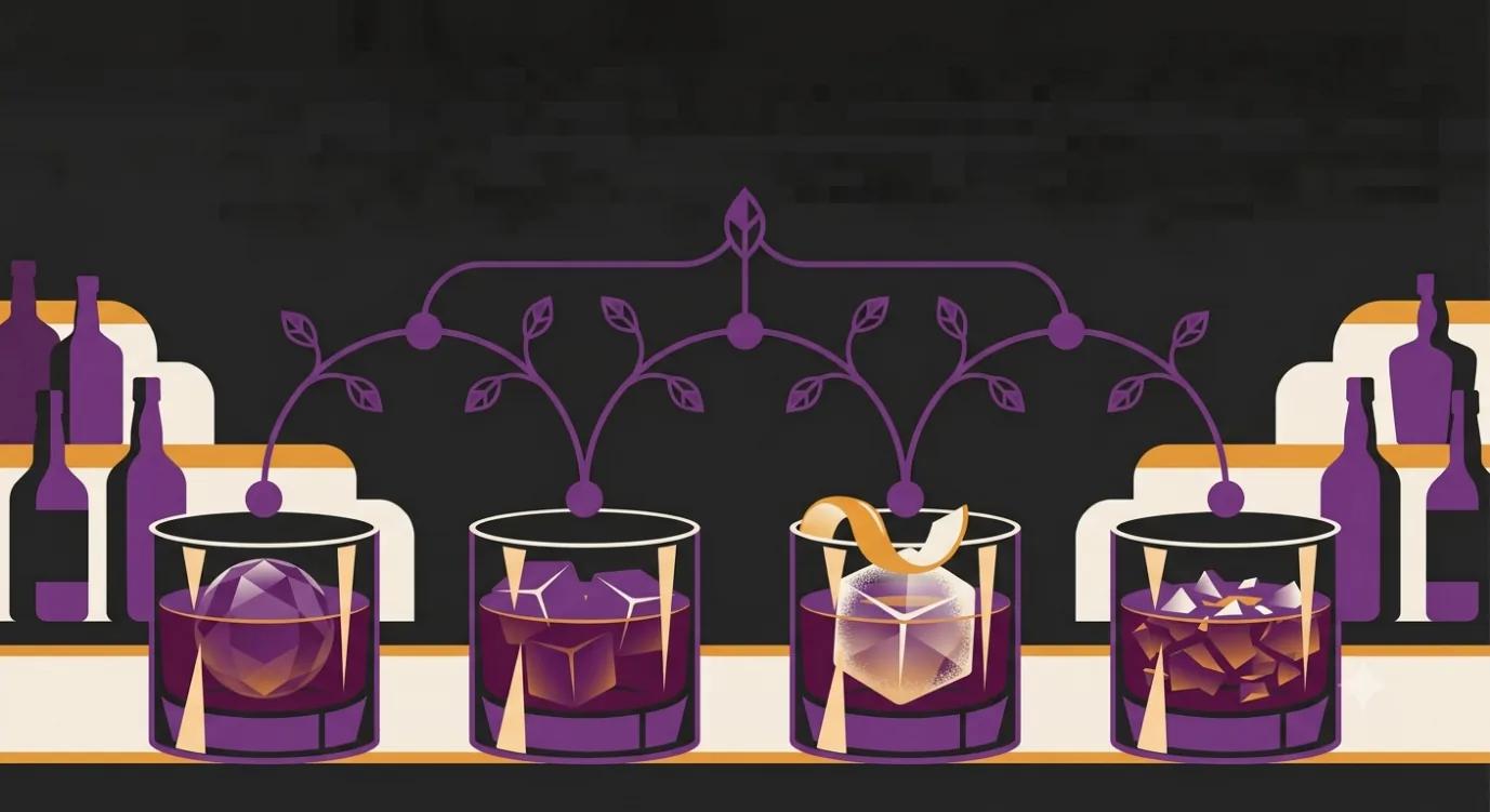 Flat vector speakeasy illustration of a row of Negroni-family cocktails lined up along a back bar, connected by art-deco branch lines like a family tree, in amber, plum, charcoal and cream.