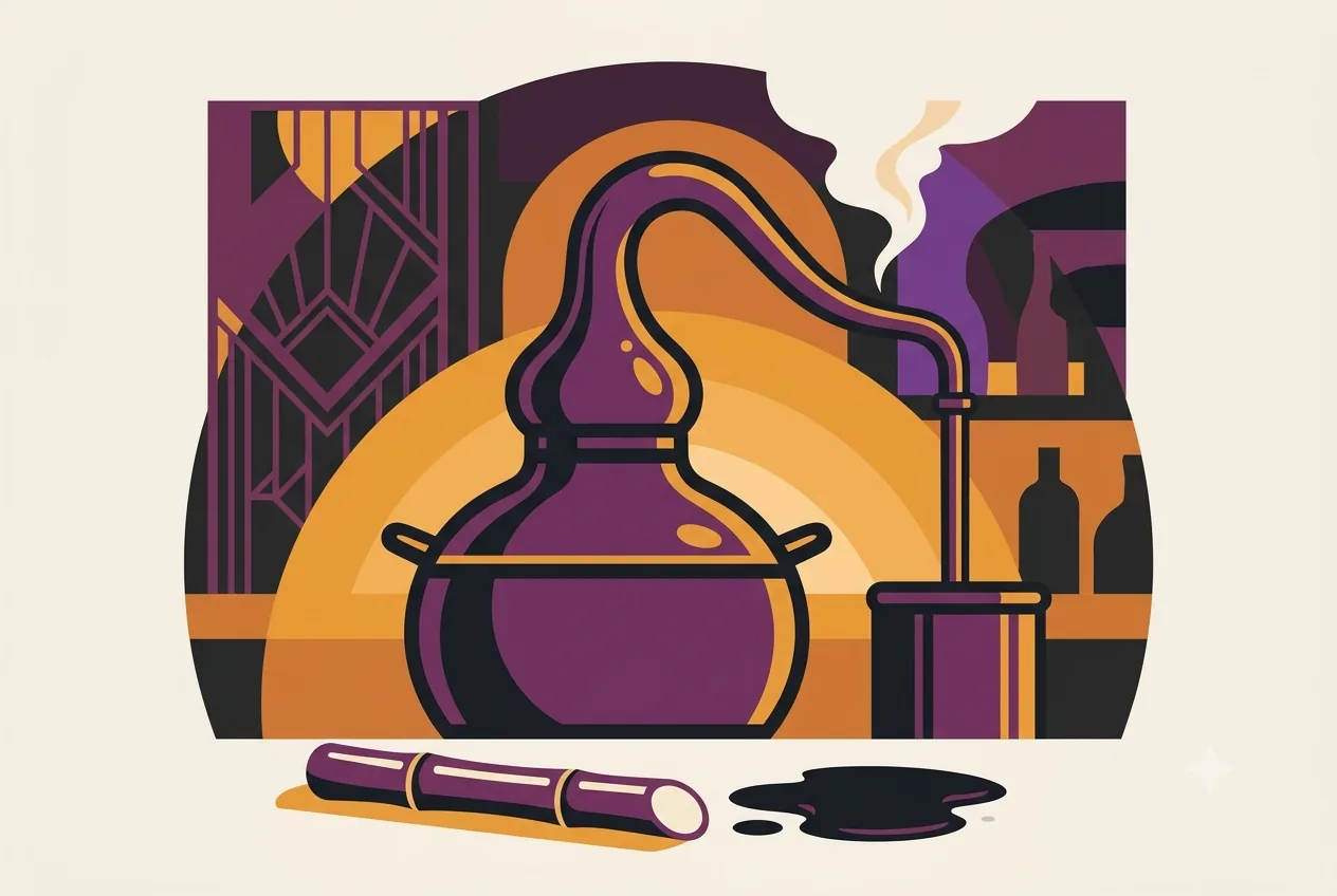 A copper pot still with rising vapour, a cut stalk of sugarcane and a pool of dark molasses, flat vector speakeasy style.