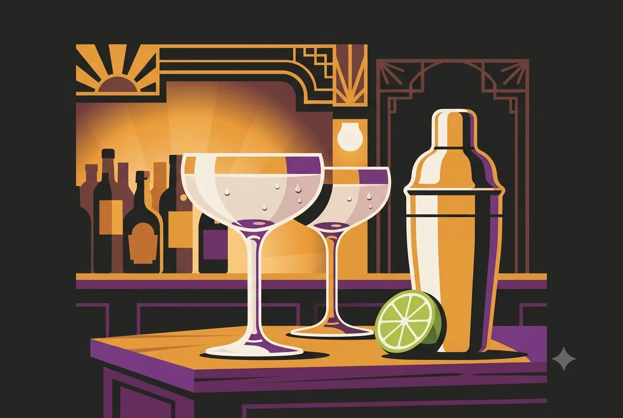 Two classic Daiquiri coupes side by side with a cocktail shaker and a fresh lime wheel on a speakeasy bar, flat vector style.