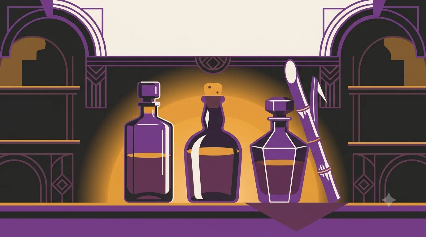 Three rum bottles of different shades lined up on an art-deco speakeasy back bar beside a stalk of sugarcane, flat vector style.