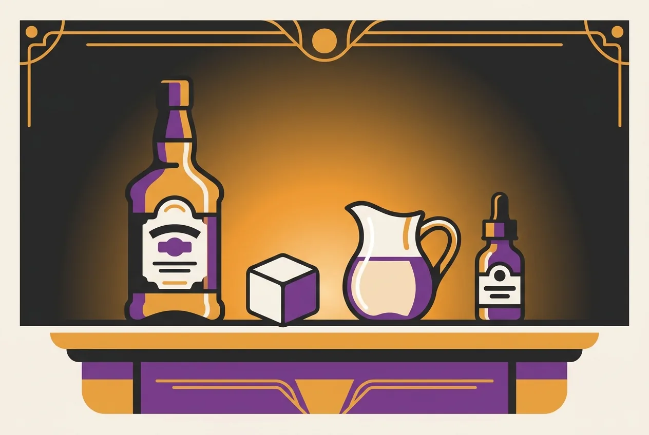 Flat vector illustration of the four original cocktail ingredients - a whiskey bottle, sugar cube, water pitcher and bitters bottle - on an art-deco bar.