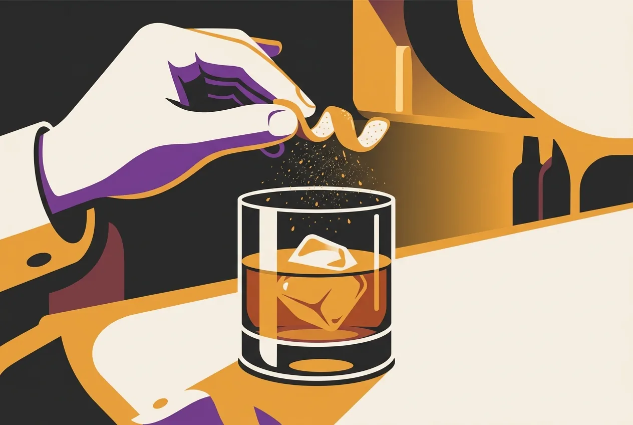 Flat vector illustration of a hand expressing an orange peel over a whiskey Old Fashioned with a large ice cube.