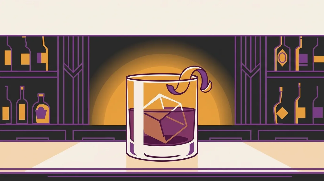 Flat vector speakeasy illustration of an Old Fashioned in a rocks glass over a large ice cube with an orange twist.