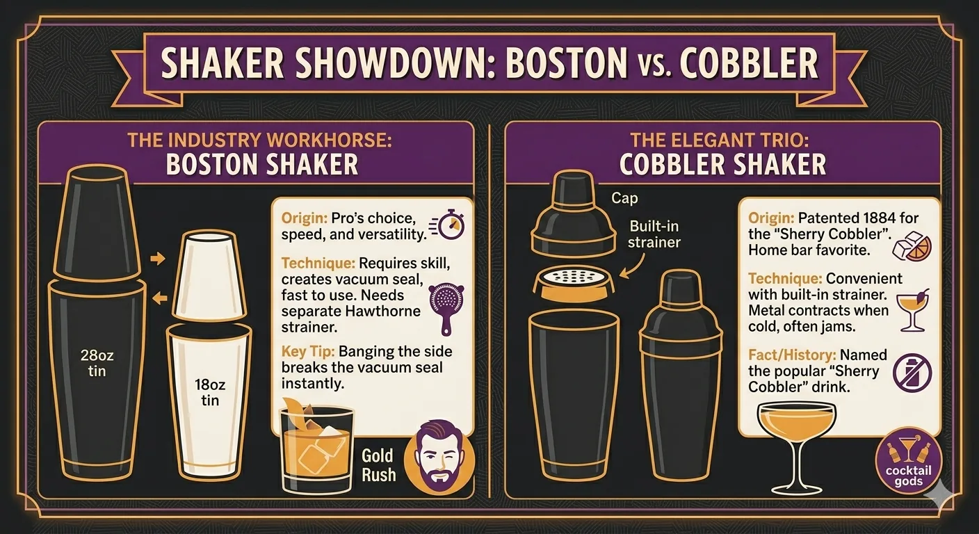 A Boston shaker and cobbler shaker compared on a bar