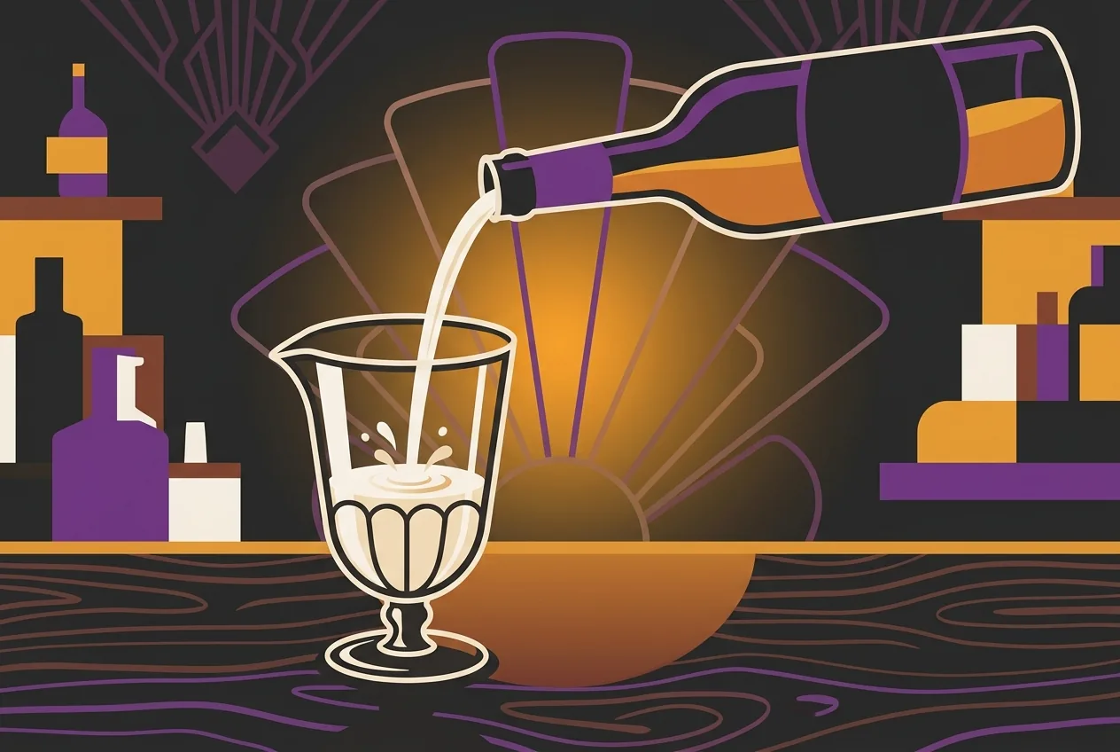 Flat vector illustration of a bottle of dry vermouth pouring a splash beside a mixing glass