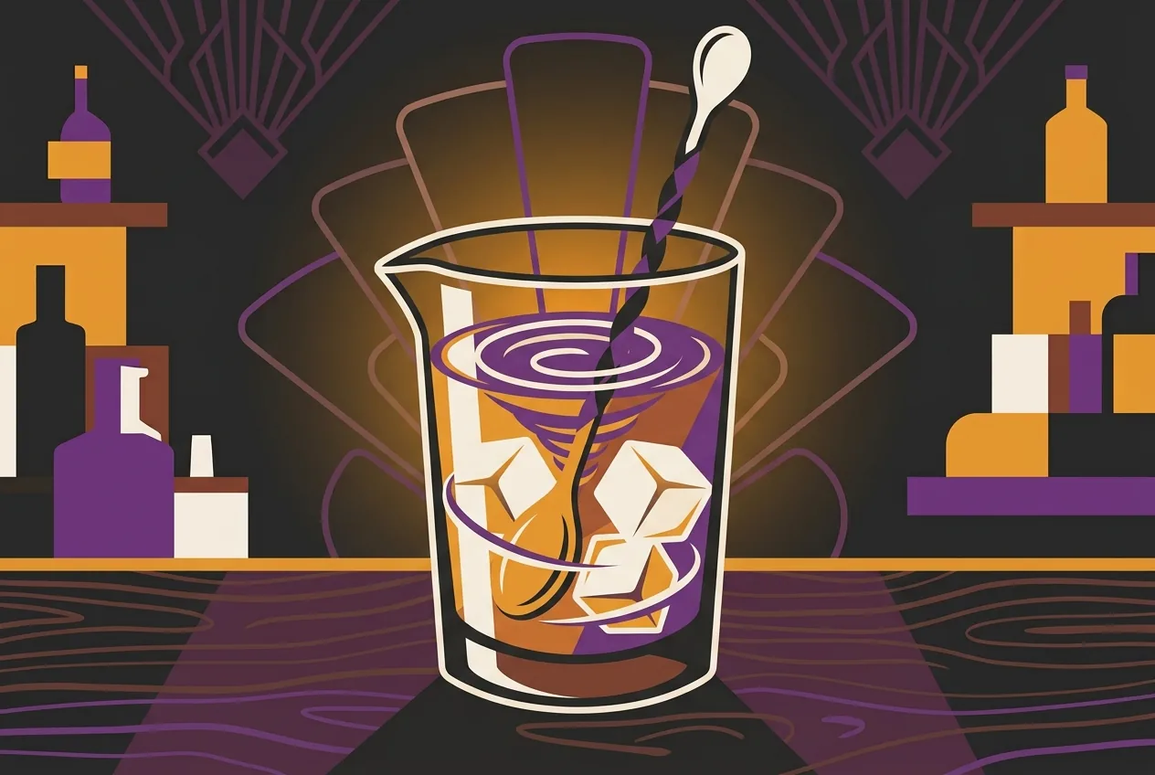 Flat vector illustration of a bar spoon stirring a Martini over clear ice