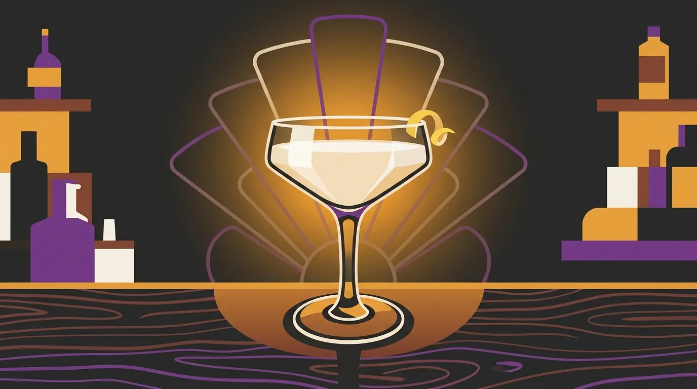 Flat vector speakeasy illustration of a classic Martini in a coupe with a lemon twist
