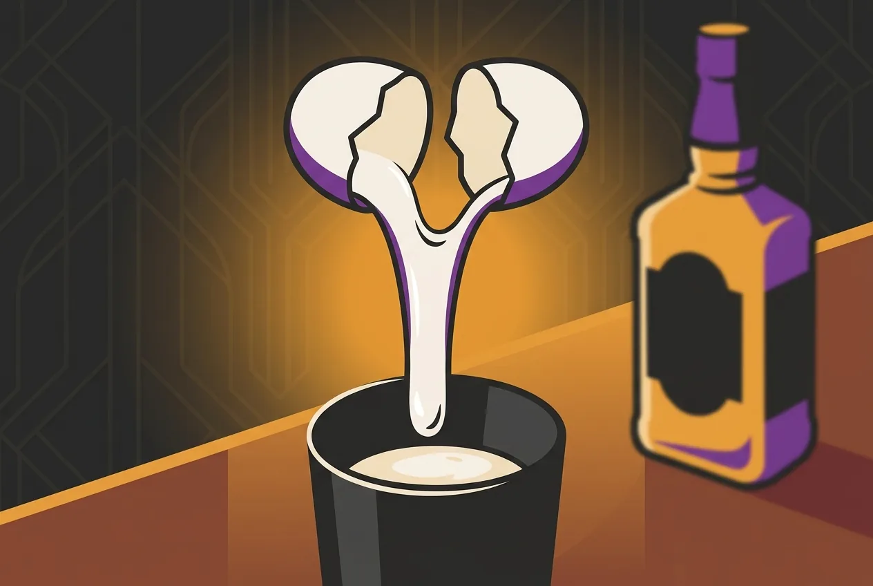 Flat vector illustration of an egg white being separated beside a cocktail shaker