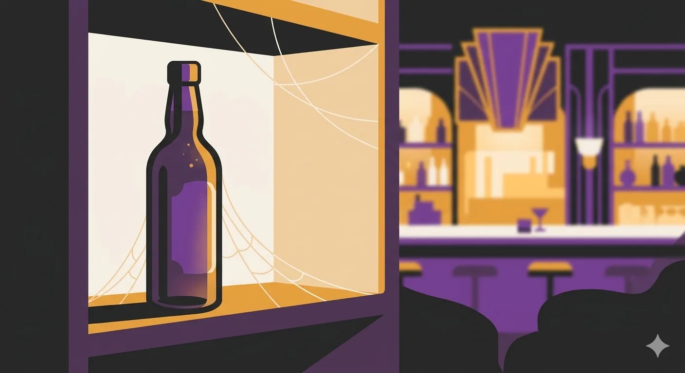 Flat vector illustration of a lone, dusty bottle of vermouth forgotten on a warm cupboard shelf, the lively bar softly out of focus behind it.