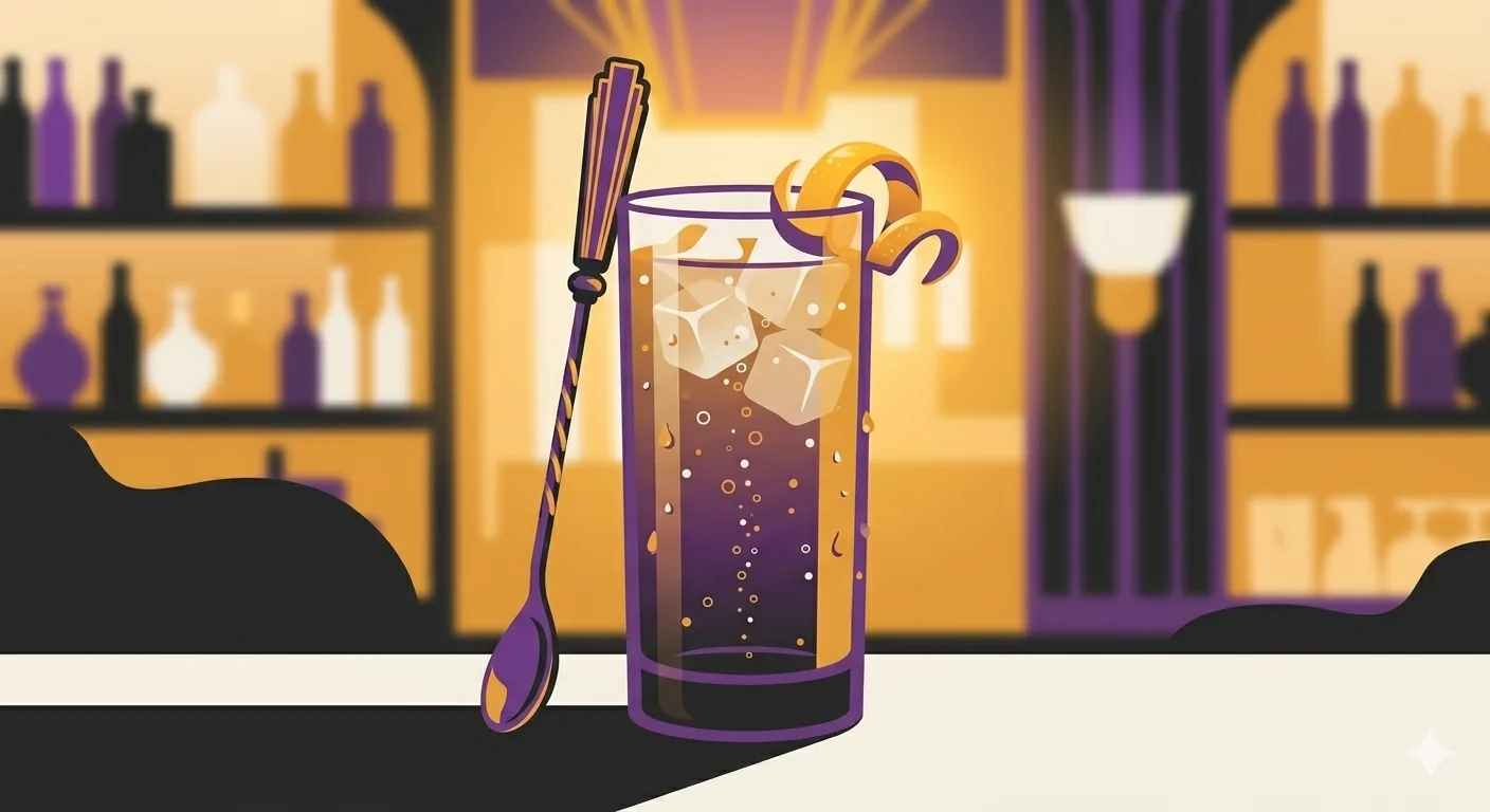 Flat vector illustration of a tall vermouth-and-soda highball over ice with a citrus twist, bubbles rising in warm amber light.