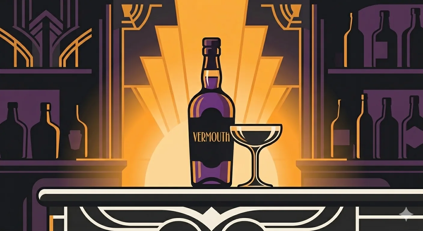 Flat vector illustration of a vermouth bottle and coupe glass on a speakeasy back-bar in warm amber light.